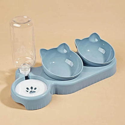 Pet Bowls with Water Feeder, 3 in 1 Ear Design Tilted Cat Water and Food Bowl Set with Gravity Water Bottle for Neck Protection