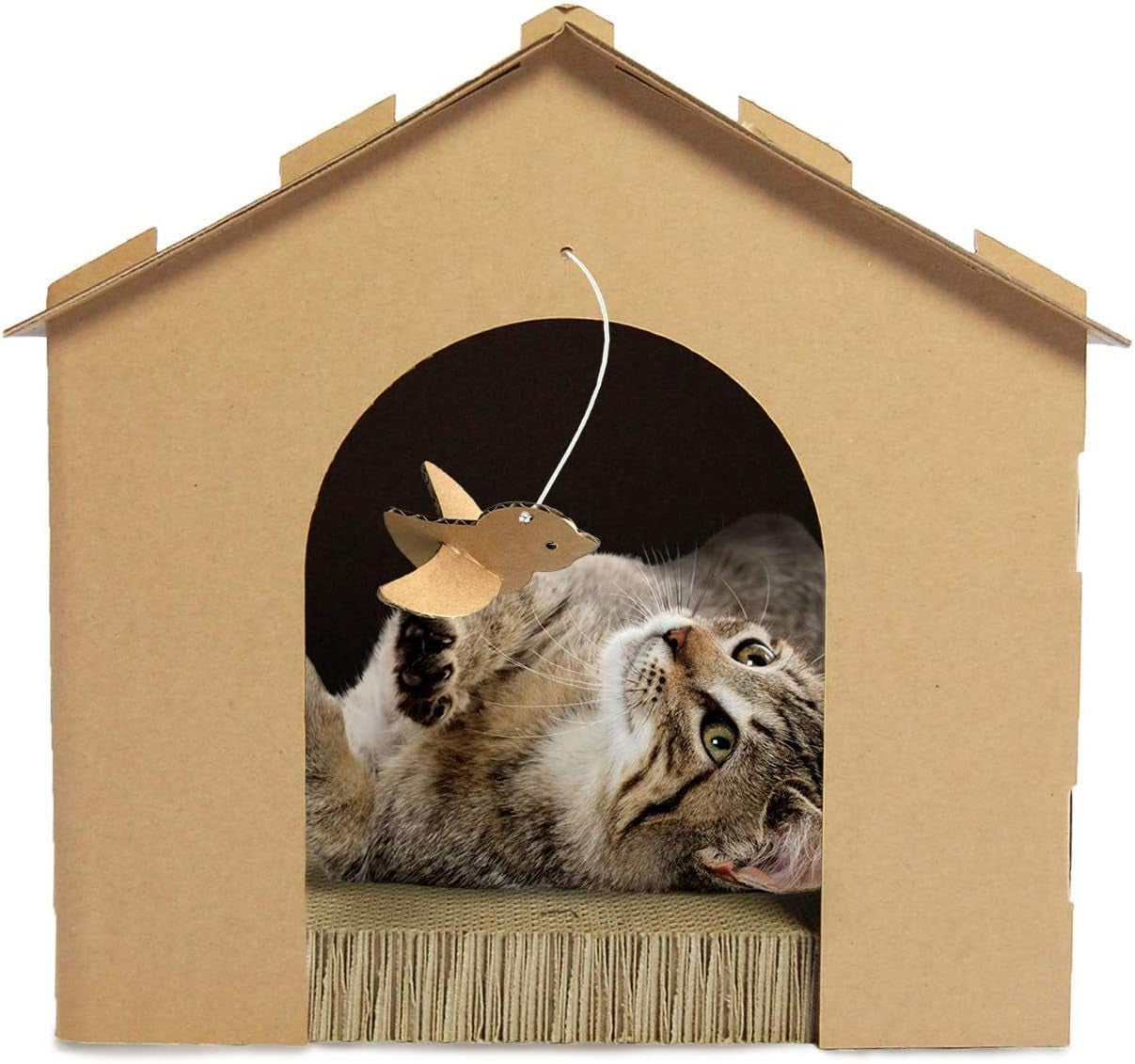 Cardboard Cat House Gingerbread House, Cat Hideout Scratcher with Detachable Hanging Toys