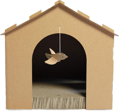 Cardboard Cat House Gingerbread House, Cat Hideout Scratcher with Detachable Hanging Toys